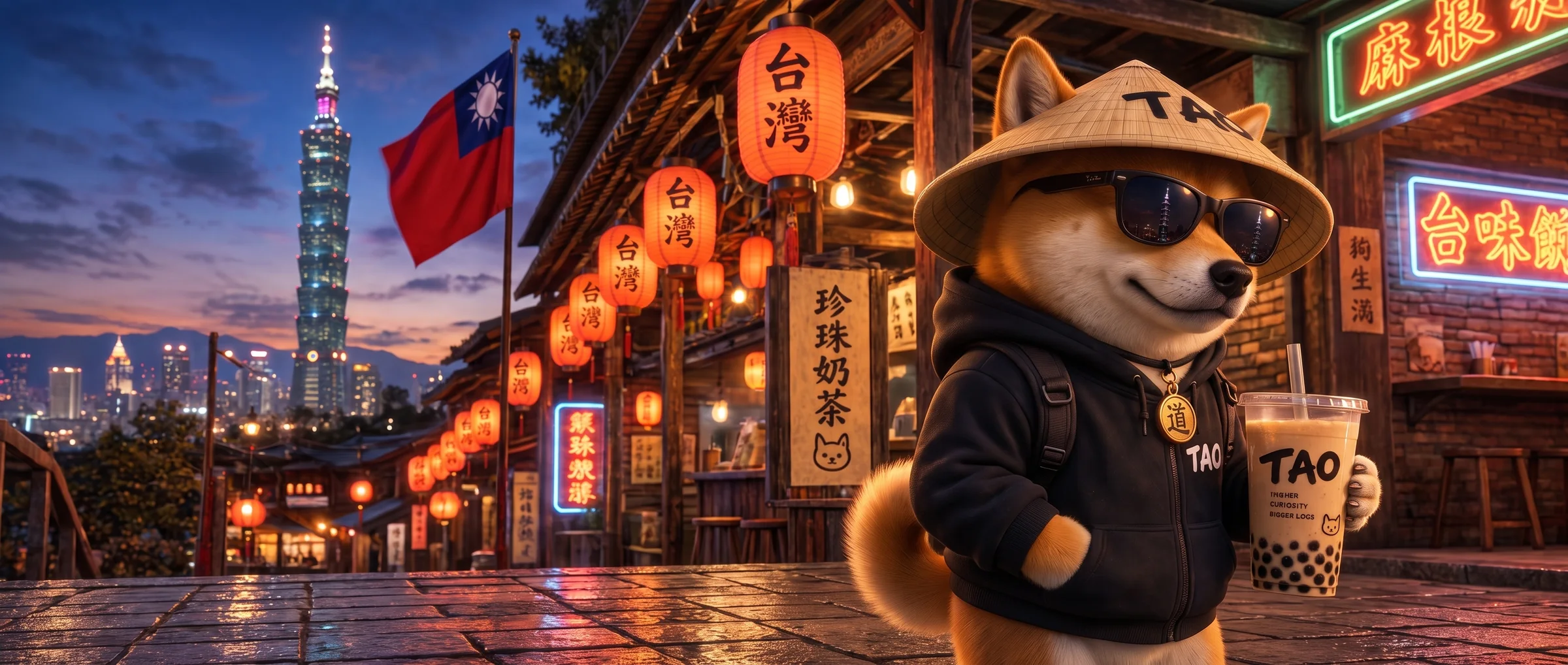 Taowanese, a Shiba Inu in a TAO straw hat, holding bubble tea in a Taipei night market at dusk